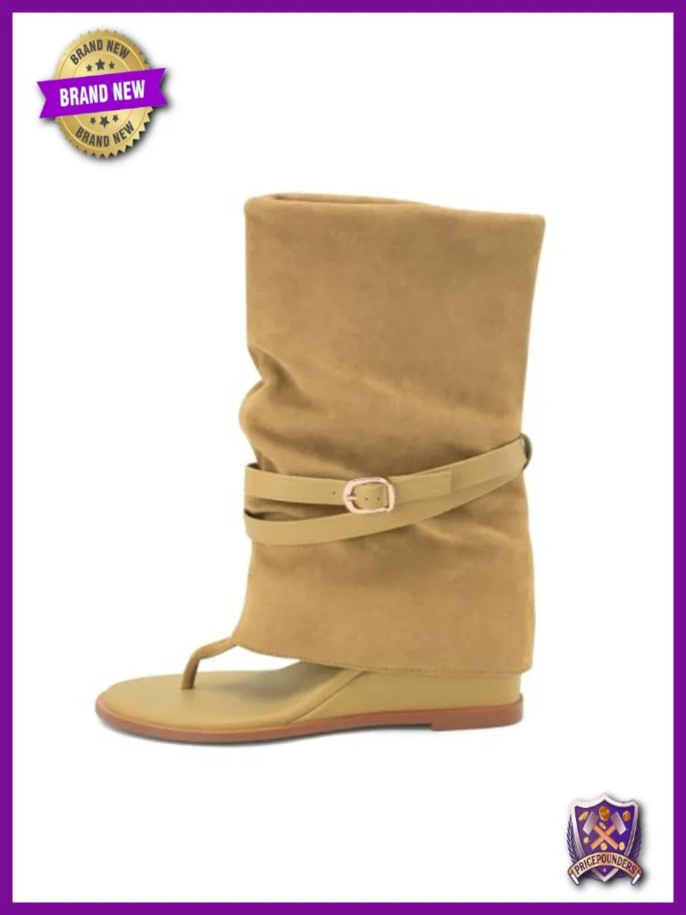 Suede Thong Wedge Sandal Boots Slouchy Mid Calf with Buckle Strap Boho